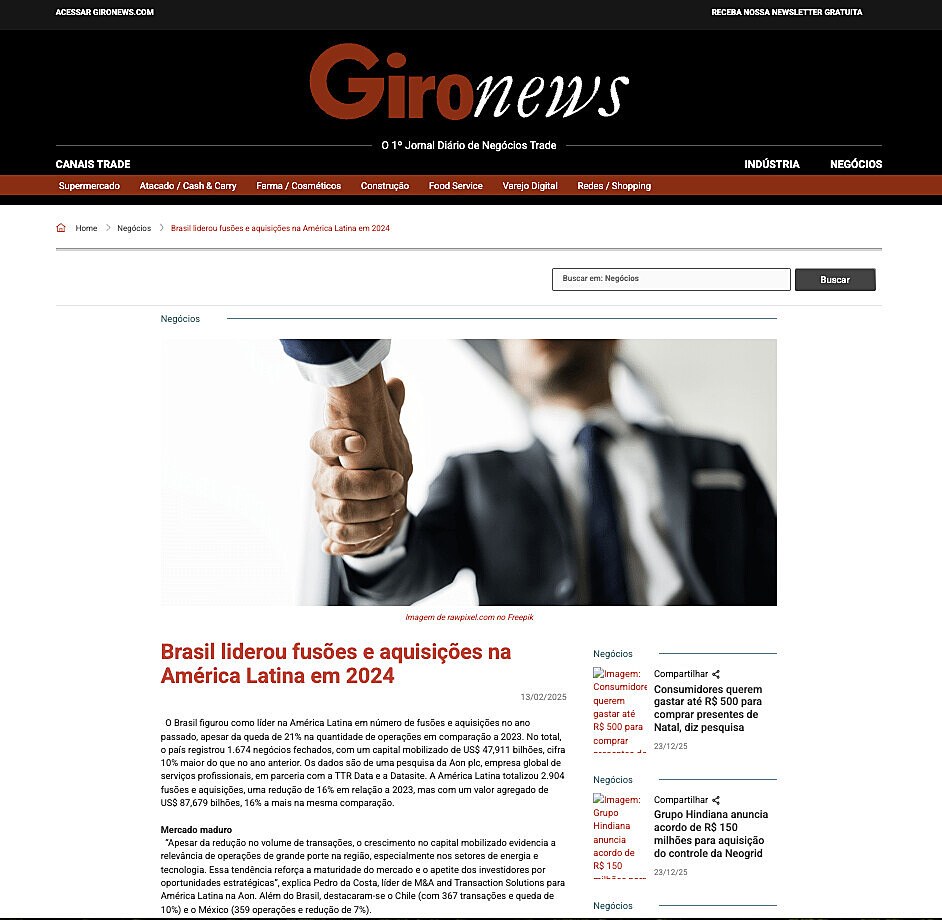 Brasil liderou fus�es e aquisi��es na Am�rica Latina em 2024